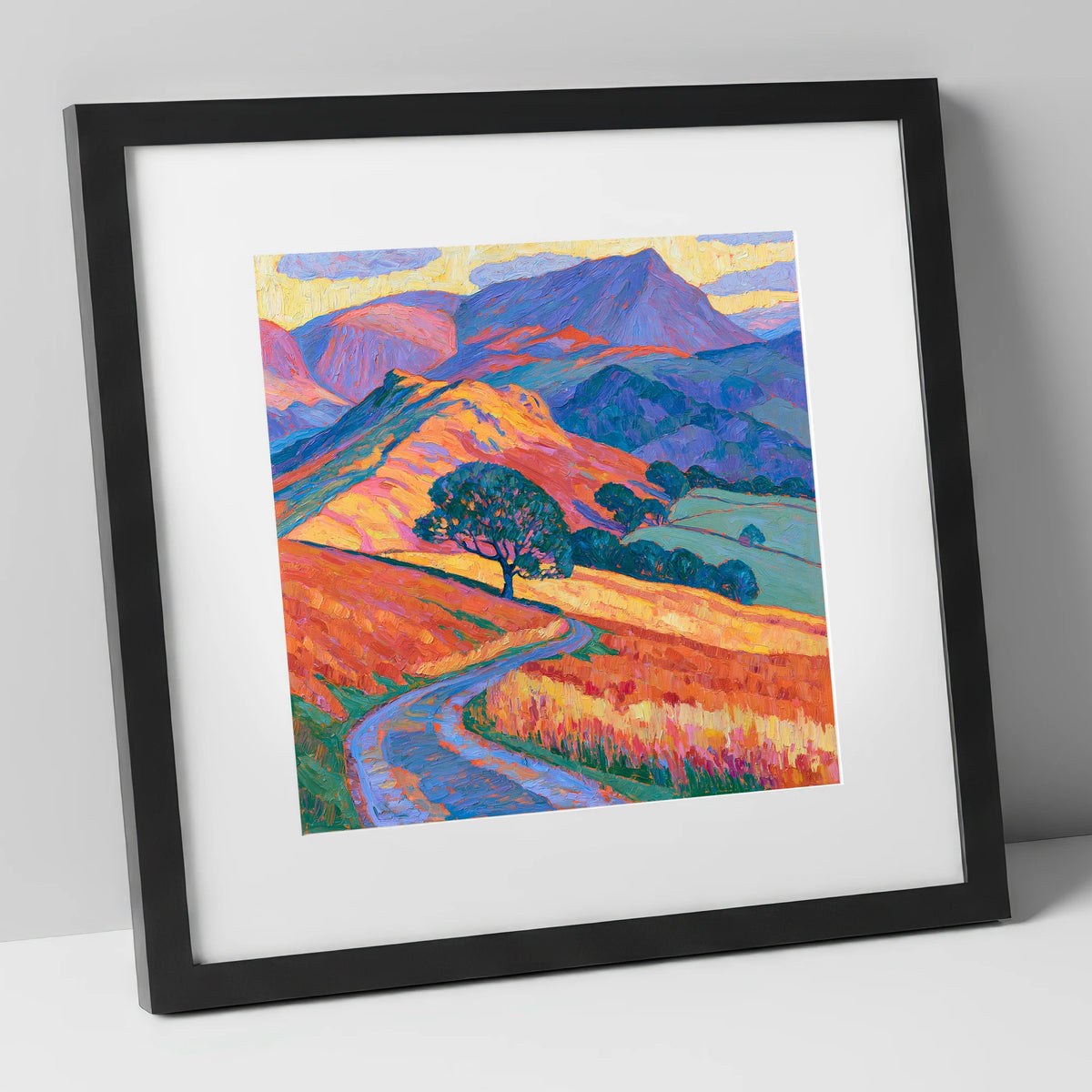 Golden Fell Track and Violet Peaks lake district sky art print in black frame