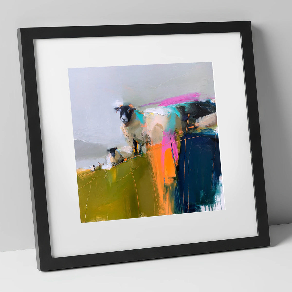 Vibrant Herdwick Sheep on Fellside lake district wildlife art print in black frame