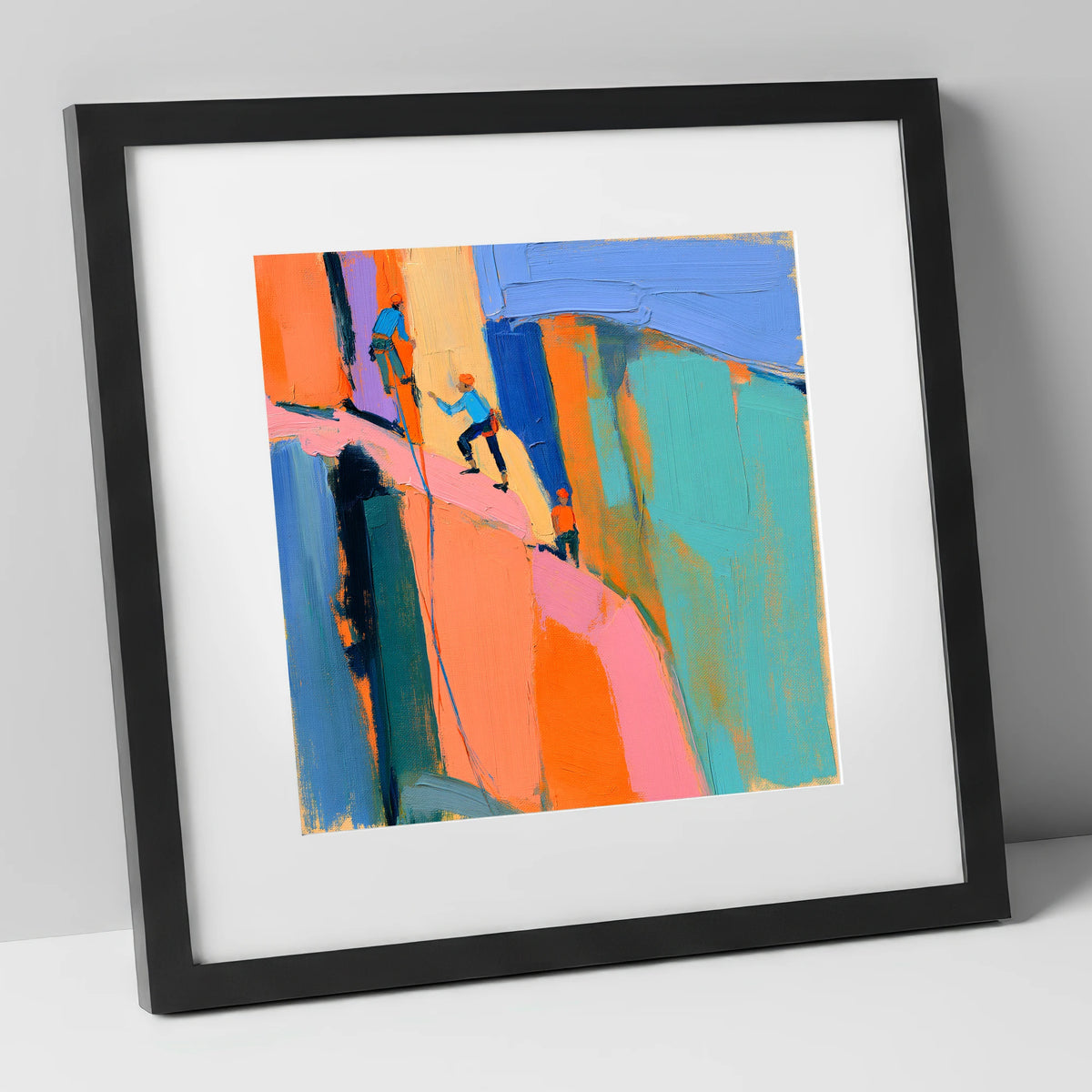 Vibrant Climbers on the Crag lake district walking art print in black frame