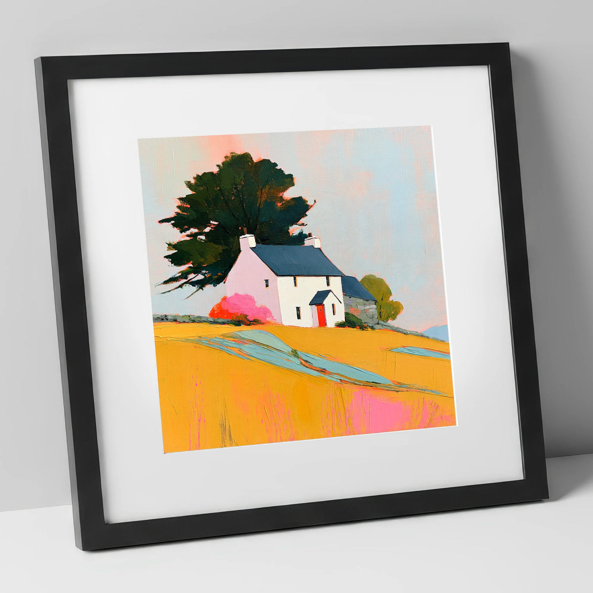 White Stone Cottage in Golden Fields lake district village art print in black frame