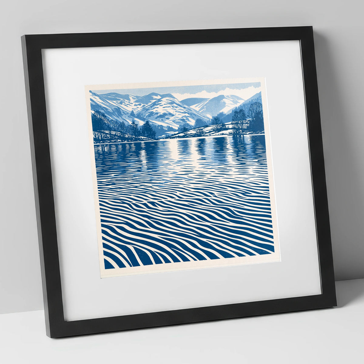 Rhythmic Blue Lake Reflections lake district lake art print in black frame