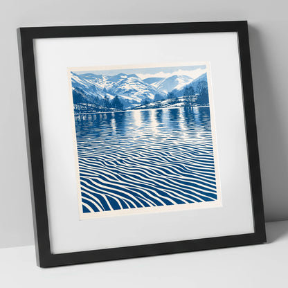 Rhythmic Blue Lake Reflections lake district lake art print in black frame