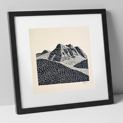 Bold Monochrome Bowfell Peaks lake district fell art print in black frame