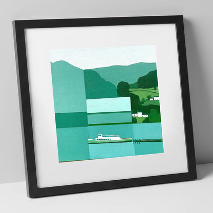 Geometric Ullswater Steamer at Glenridding lake district village art print in black frame