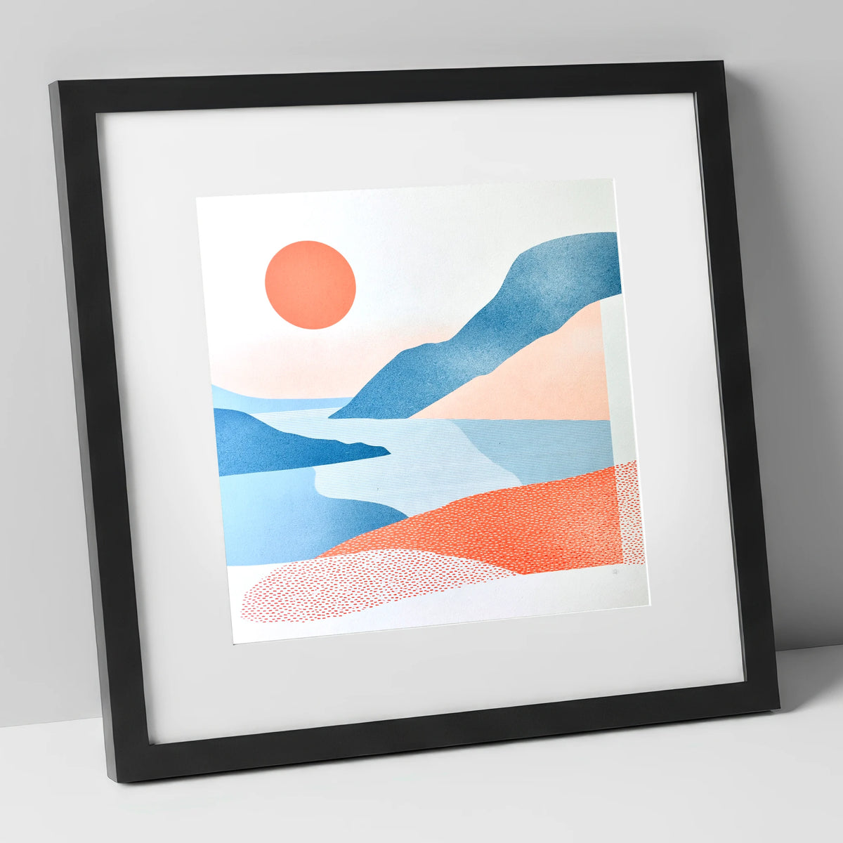 Ennerdale Valley in Coral and Blue lake district valley art print in black frame