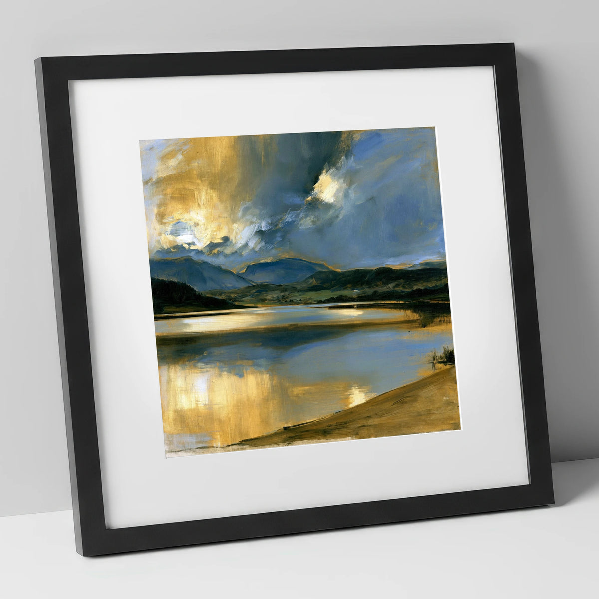 Ochre Dawn Over Still Lake lake district lake art print in black frame
