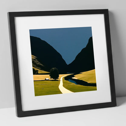 River Winding Through Dark Fells lake district waterfall art print in black frame