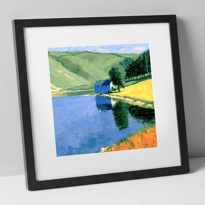 Blue Cottage on Calm Lake lake district lake art print in black frame