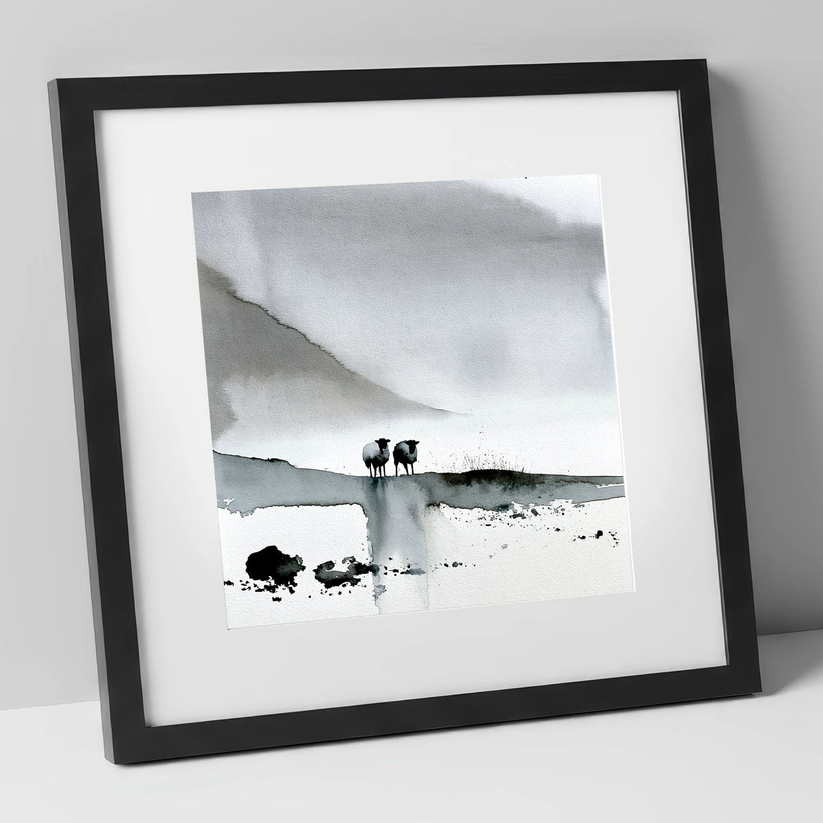 Monochrome Herdwick Sheep on Fellside lake district wildlife art print in black frame
