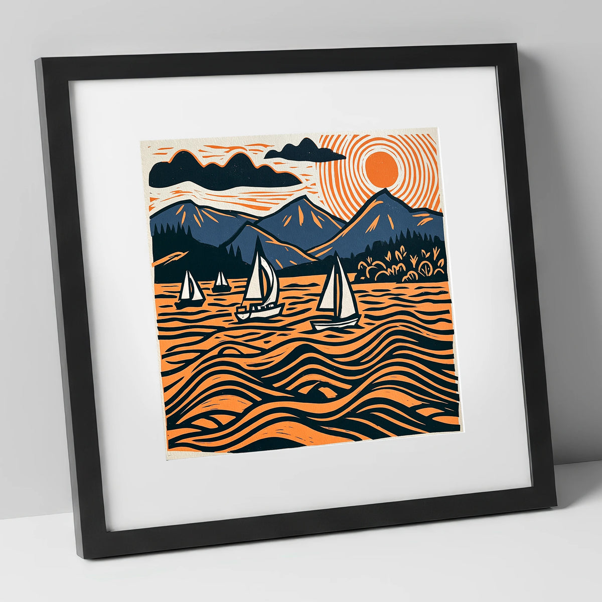 Derwentwater Sailboats Under Radiating Sun lake district lake art print in black frame