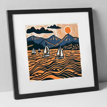 Derwentwater Sailboats Under Radiating Sun lake district lake art print in black frame