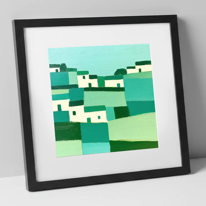 Abstract Cartmel Village Landscape lake district village art print in black frame