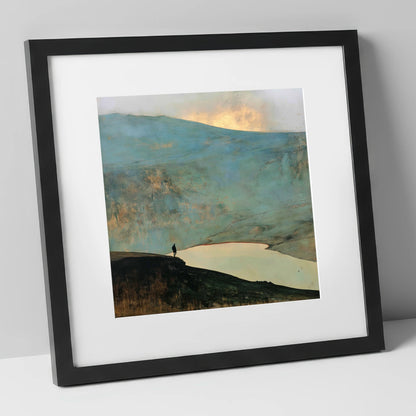 Helvellyn Walker and Golden Sky lake district fell art print in black frame