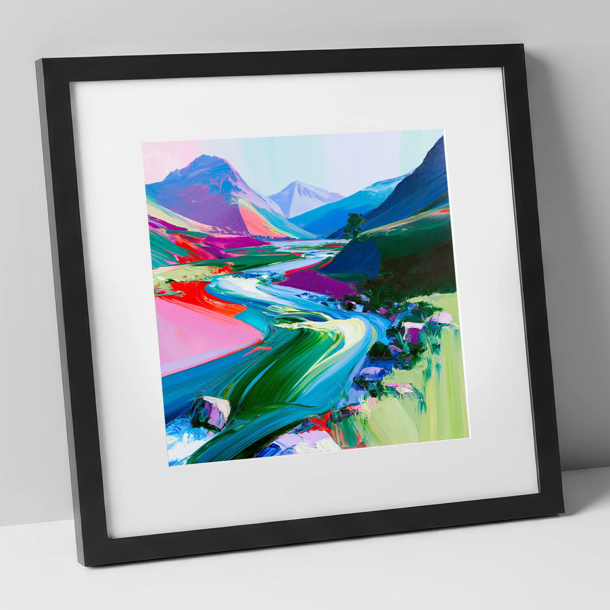 Colourful Rushing Fellside Beck lake district waterfall art print in black frame