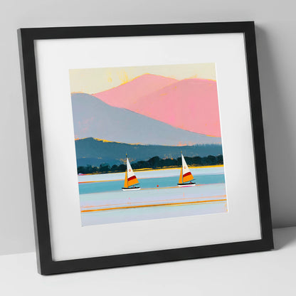 Windermere Sailboats and Pink Fells lake district lake art print in black frame