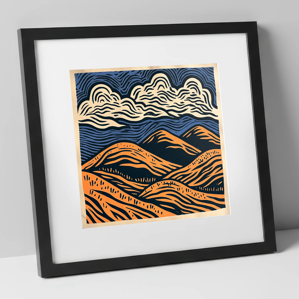 Navy and Orange Rolling Fells lake district fell art print in black frame