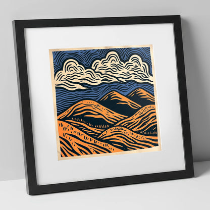 Navy and Orange Rolling Fells lake district fell art print in black frame