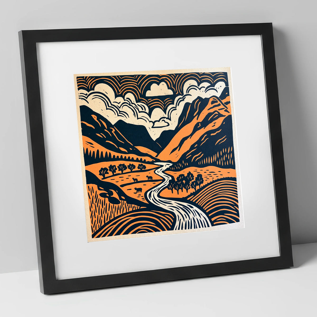 Graphic Great Langdale Valley lake district valley art print in black frame