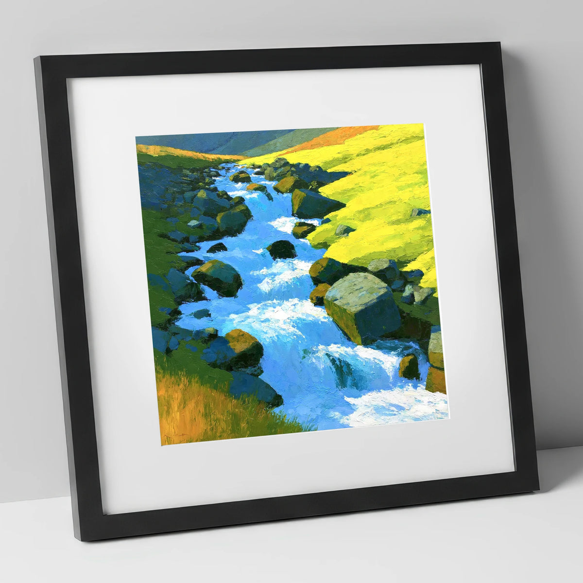 Sparkling Mountain Beck in High Summer lake district waterfall art print in black frame
