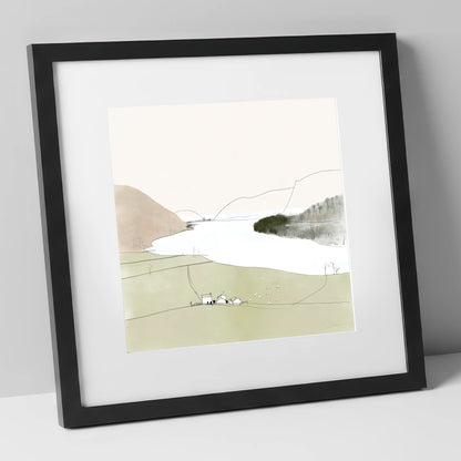 Loweswater Farm and Pale Fells lake district lake art print in black frame