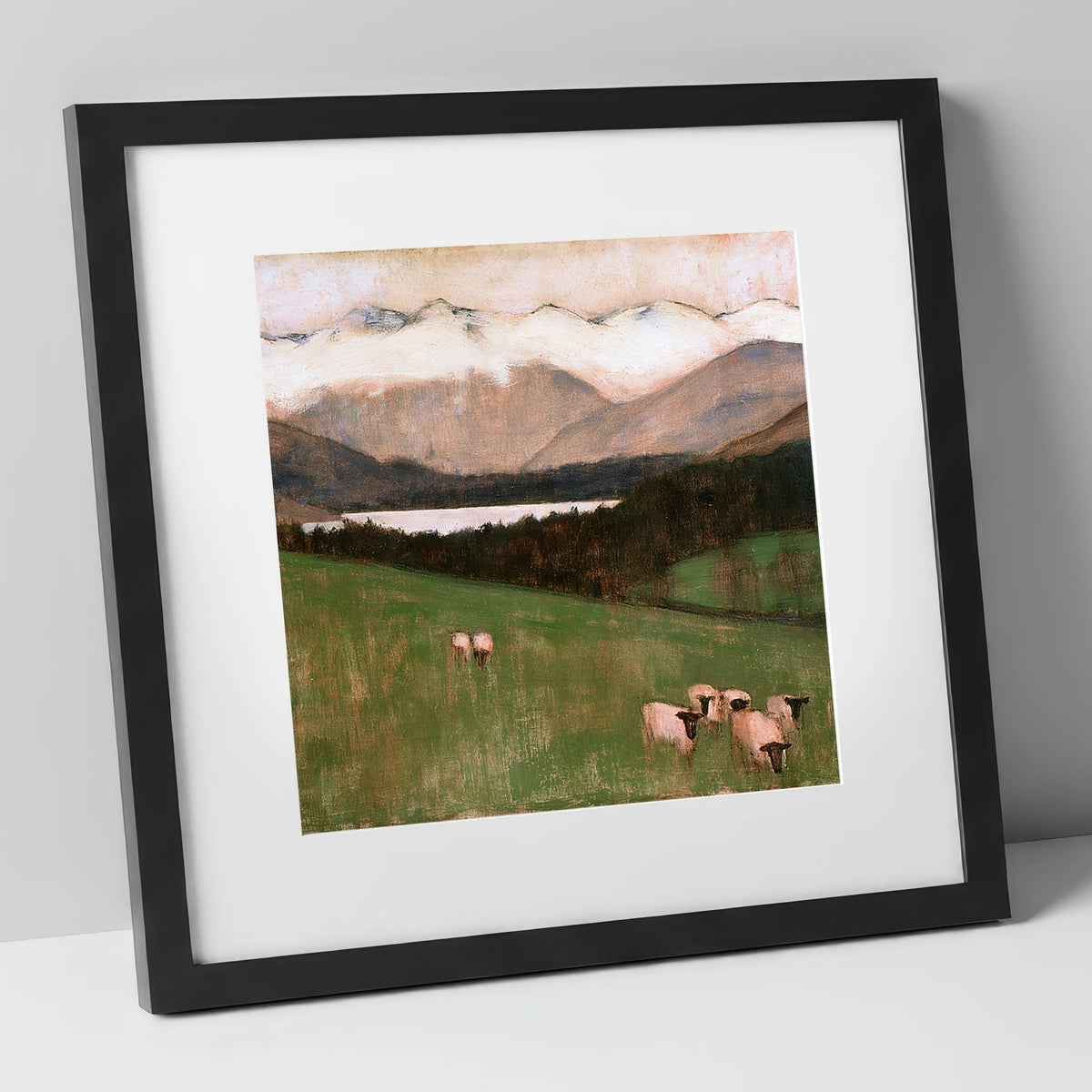 Hawkshead Pasture in Warm Light lake district village art print in black frame