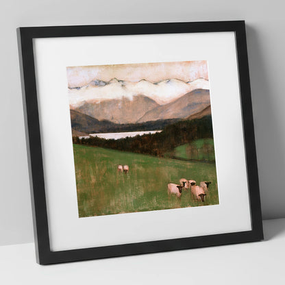 Hawkshead Pasture in Warm Light lake district village art print in black frame