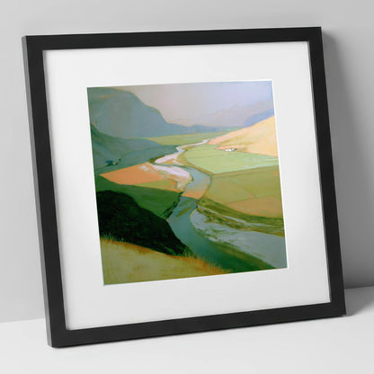 Winding River Through Sage Fells lake district waterfall art print in black frame