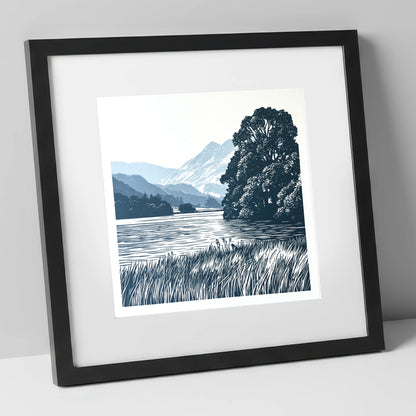 Grasmere Lake in Navy Blue lake district lake art print in black frame