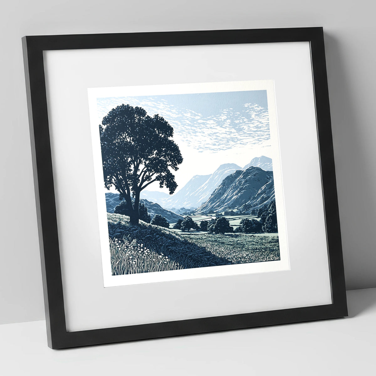 Eskdale Valley in Navy and Slate lake district valley art print in black frame