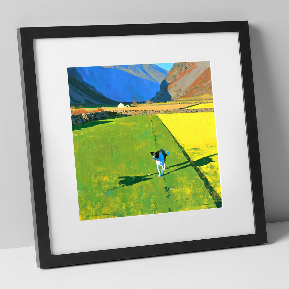 Sunlit Wasdale Valley Dog Walk gifts for dog walkers art print in black frame