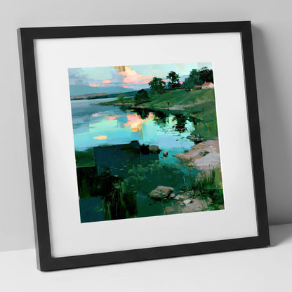 Turquoise Lake at Pink Sunrise lake district lake art print in black frame