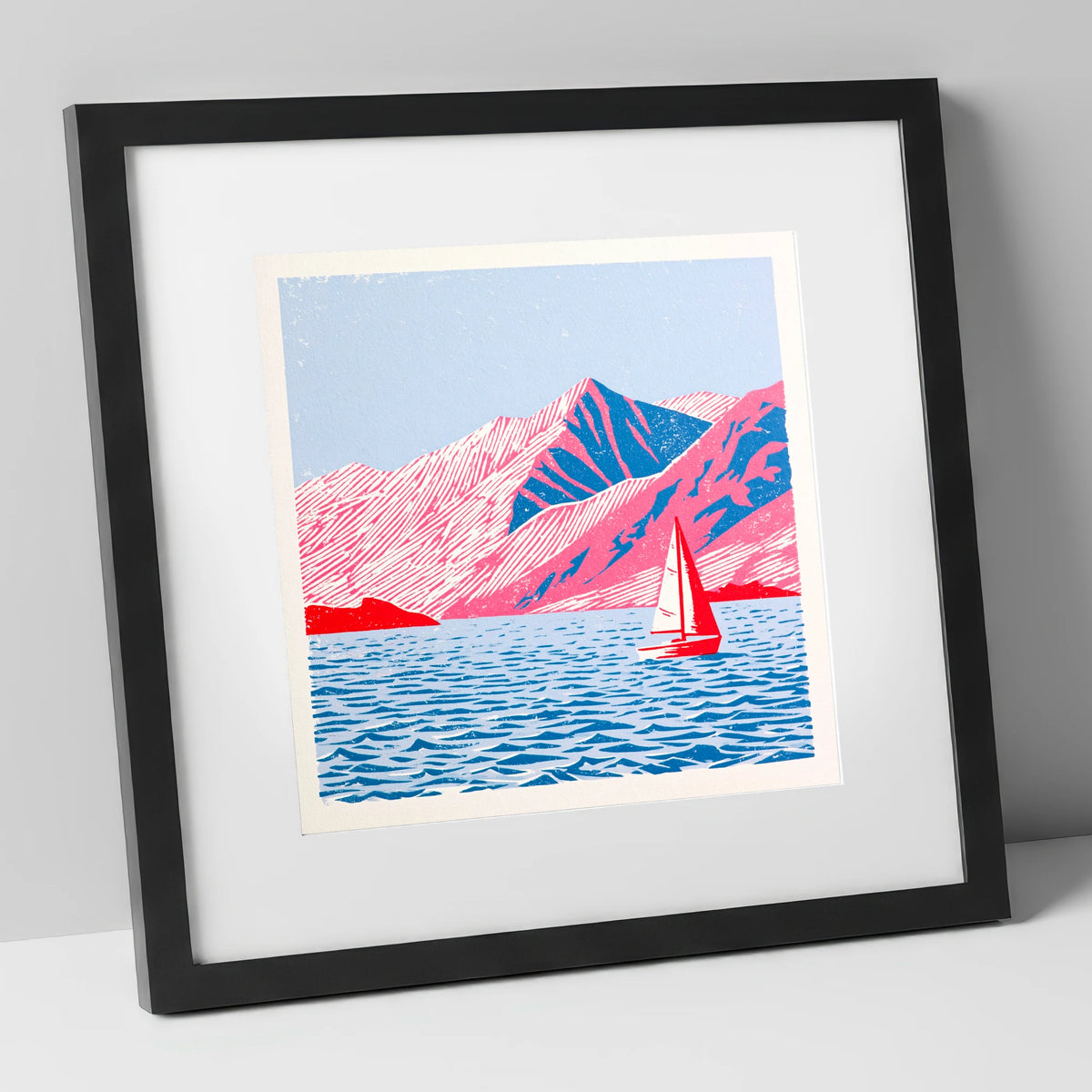 Red Sailboat on Vibrant Ullswater lake district lake art print in black frame