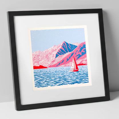 Red Sailboat on Vibrant Ullswater lake district lake art print in black frame