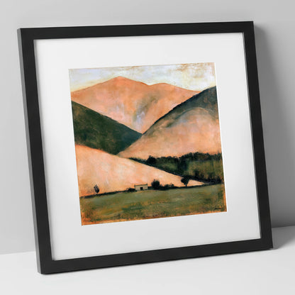 Golden Fells and Stone Bothy lake district sky art print in black frame