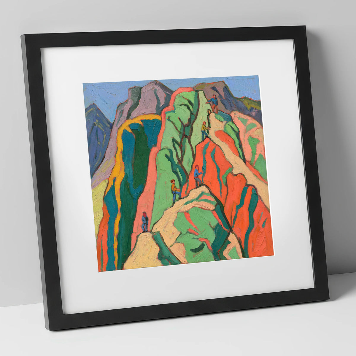 Climbers on a Vivid Crag lake district walking art print in black frame
