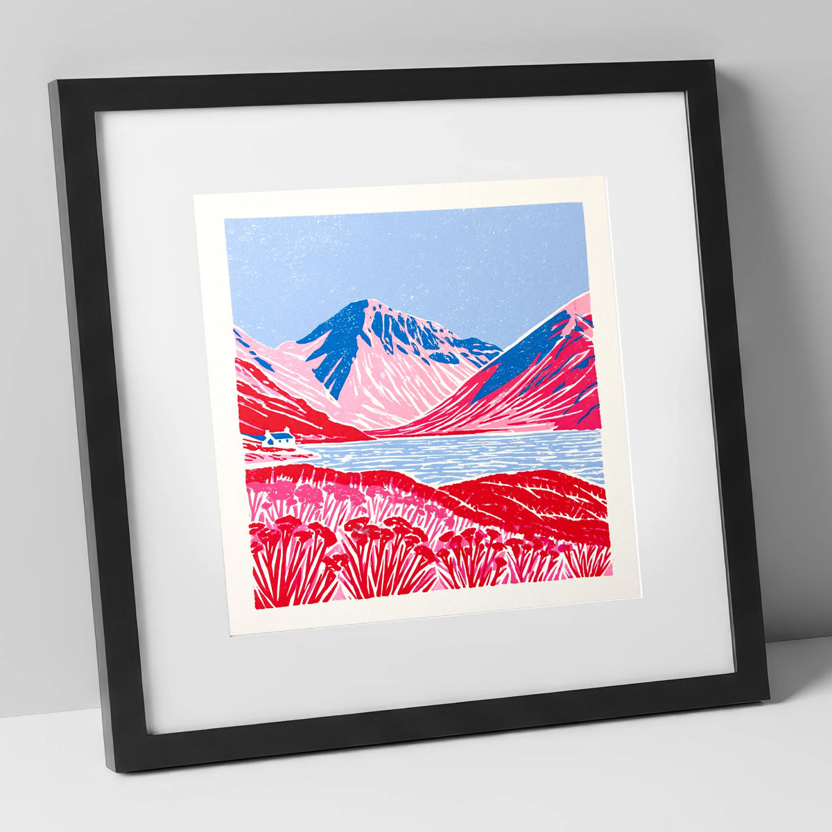 Vibrant Red Wasdale Fells lake district valley art print in black frame