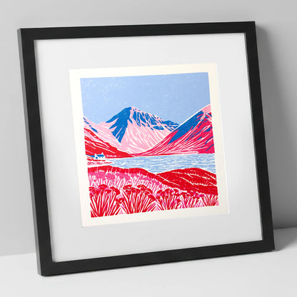 Vibrant Red Wasdale Fells lake district valley art print in black frame