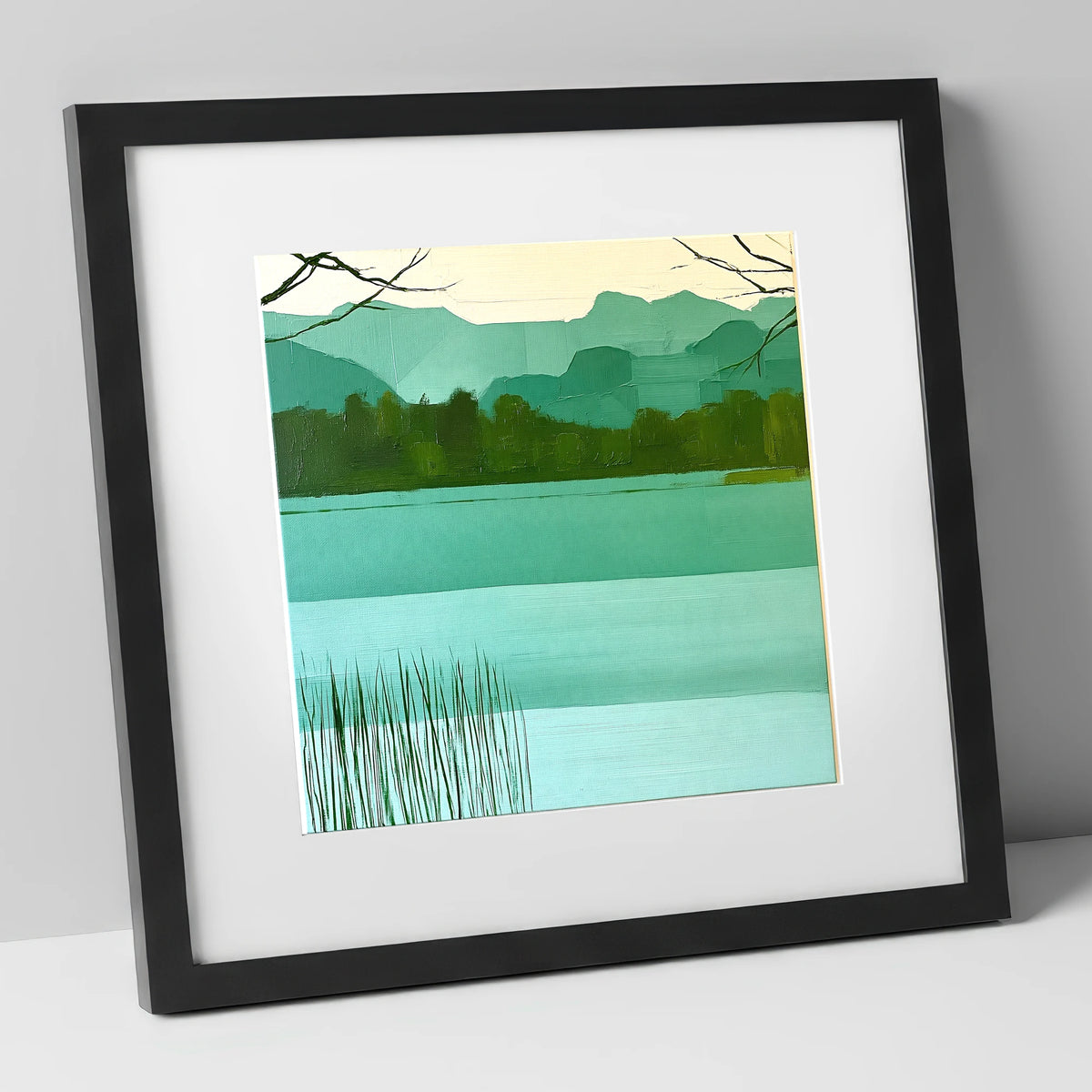 Teal Fells Above Elter Water lake district lake art print in black frame