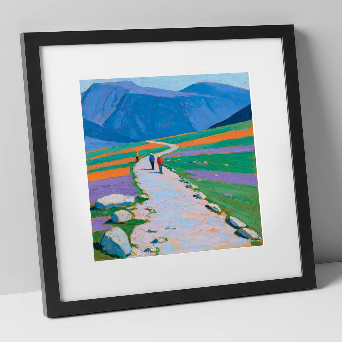 Hikers on a Vibrant Fell Path lake district fell art print in black frame