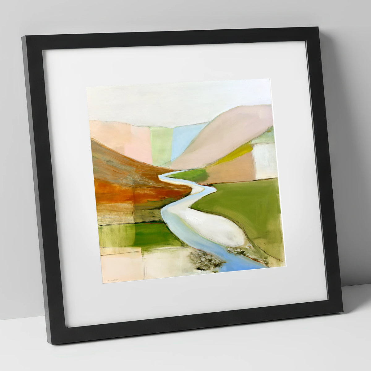 Winding River Through Pastel Fells lake district waterfall art print in black frame