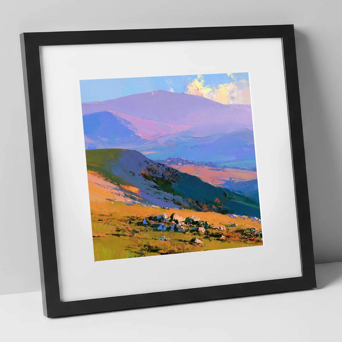 Sunlit Summit and Purple Fells lake district fell art print in black frame