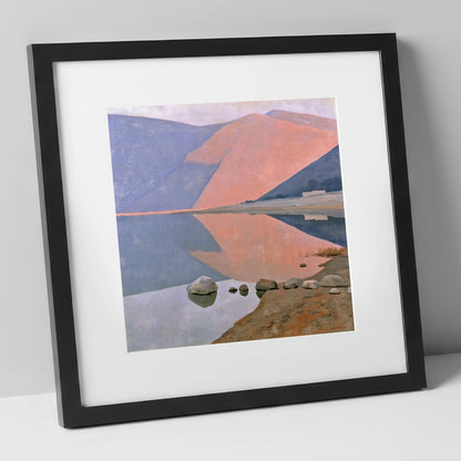 Still Lake beneath Dusk Pink Fells lake district lake art print in black frame