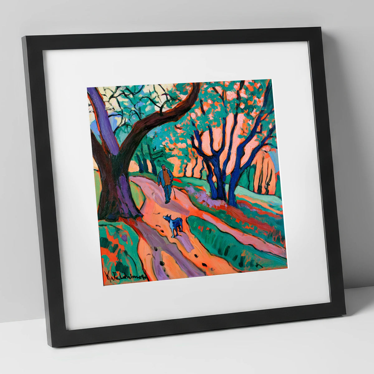Vibrant Ambleside Woodland Dog Walk gifts for dog walkers art print in black frame