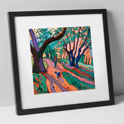 Vibrant Ambleside Woodland Dog Walk gifts for dog walkers art print in black frame