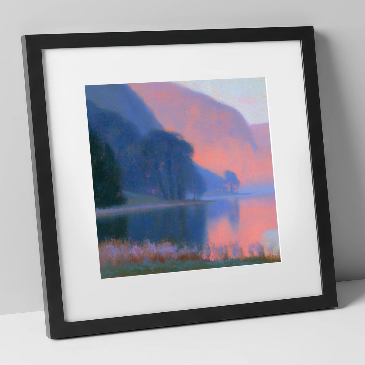Lake Edge In Pink Twilight lake district lake art print in black frame