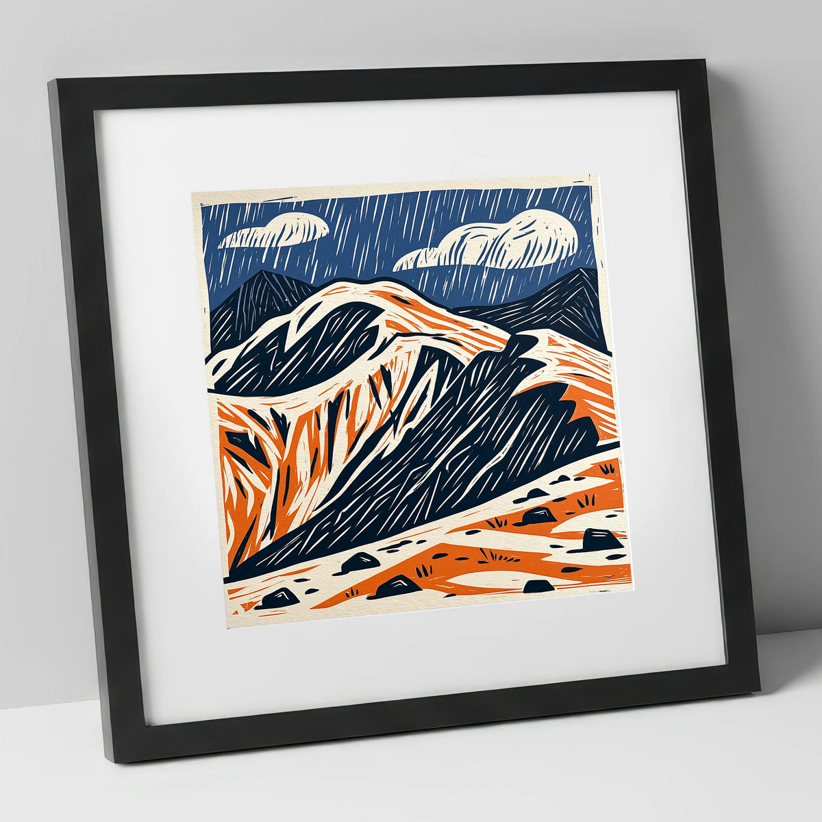 Helvellyn Ridge in Blue and Terracotta lake district fell art print in black frame