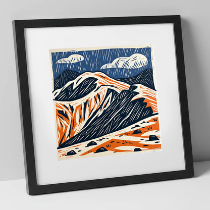 Helvellyn Ridge in Blue and Terracotta lake district fell art print in black frame