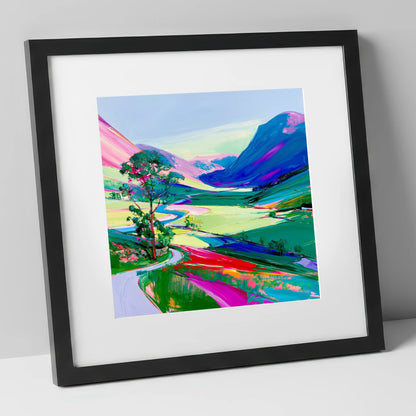 Vibrant Valley Road Beneath Pink Fells lake district valley art print in black frame