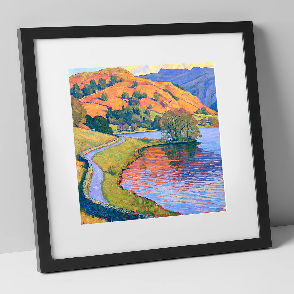 Sunlit Path Beside Rydal Water lake district lake art print in black frame
