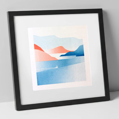 Graphic Sailboat on Lake Windermere lake district lake art print in black frame